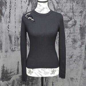 A.L.C. Sweater Womens S Black Merino Wool Lace Cutout Ribbed Luxury Designer